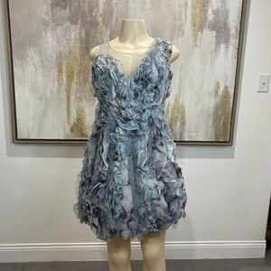 BCBG Maxazria Elegant Ruffled Dress in Blue, Purple, and Gray